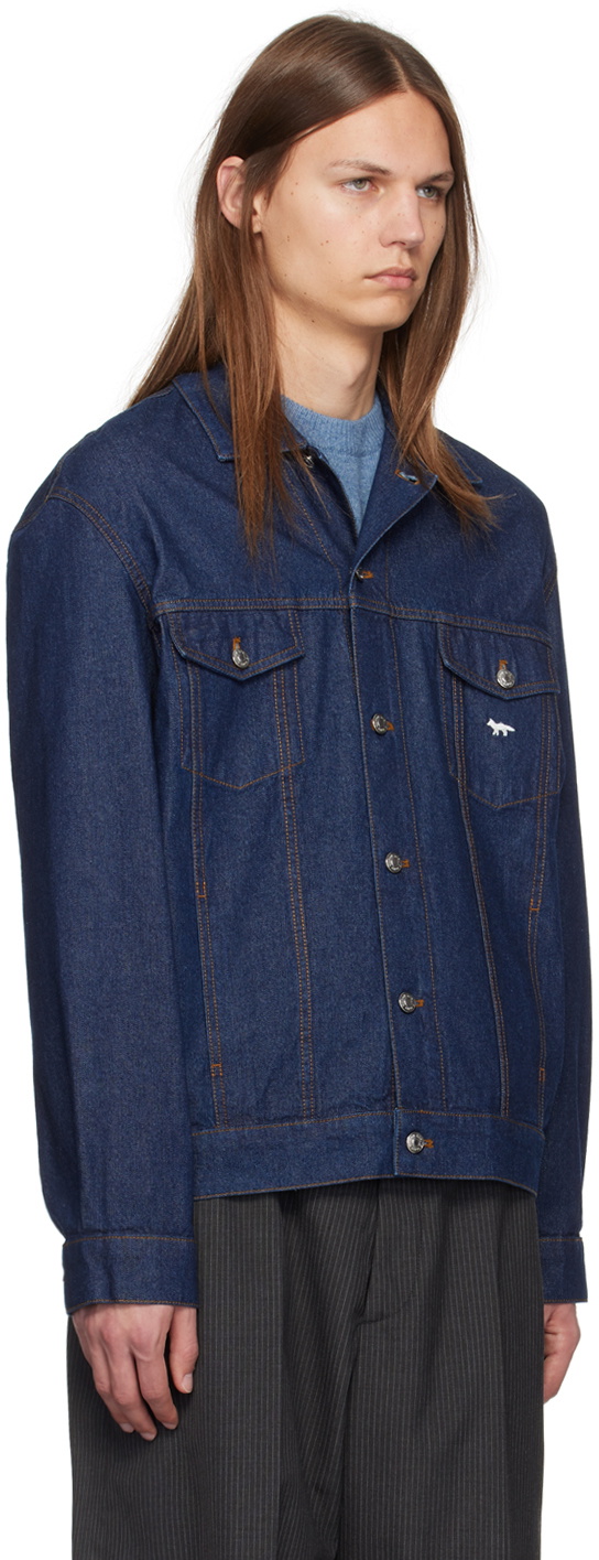 Maison Kitsuné Navy Embroidered Logo Denim Jacket