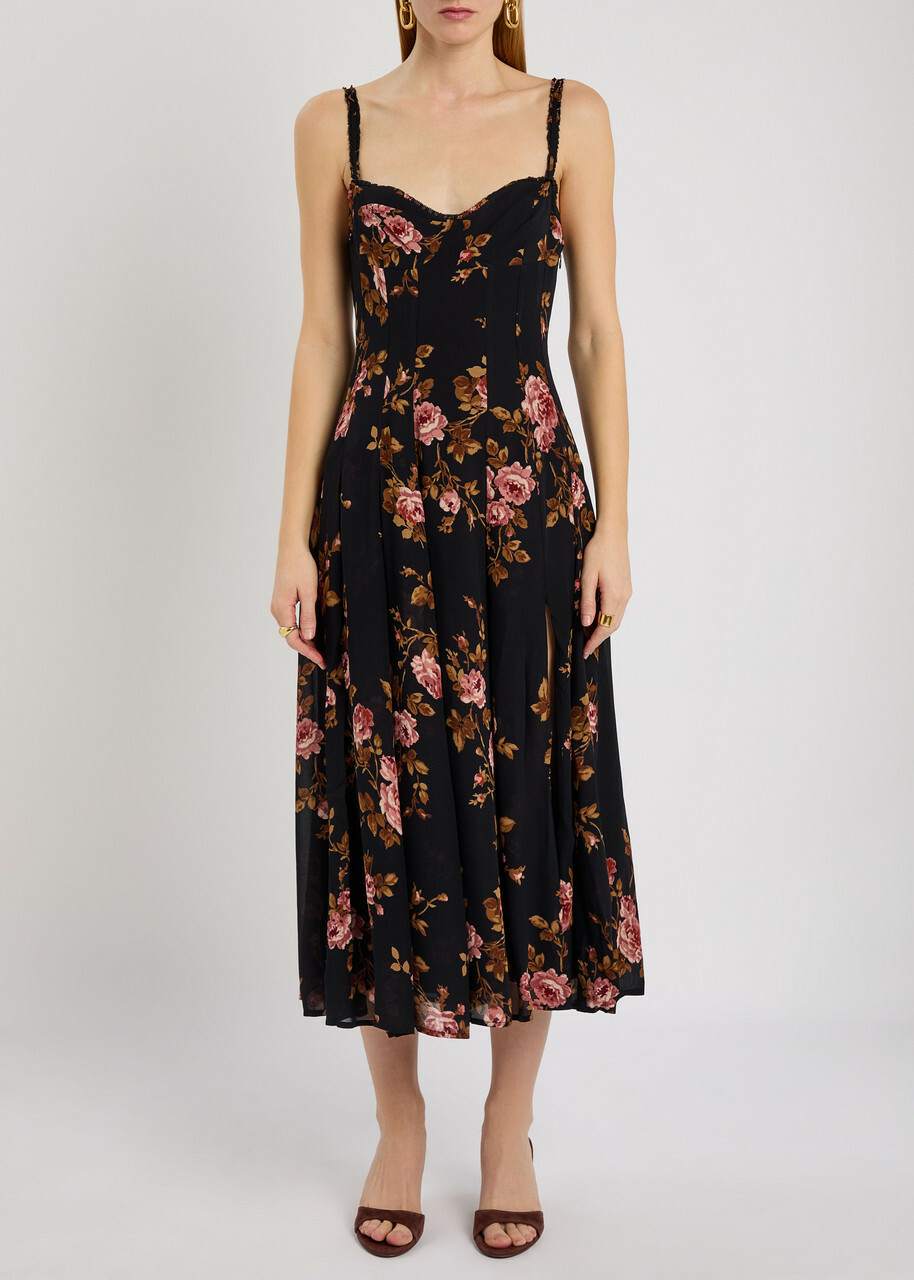 Reformation Katara Floral-print Georgette Midi Dress Black