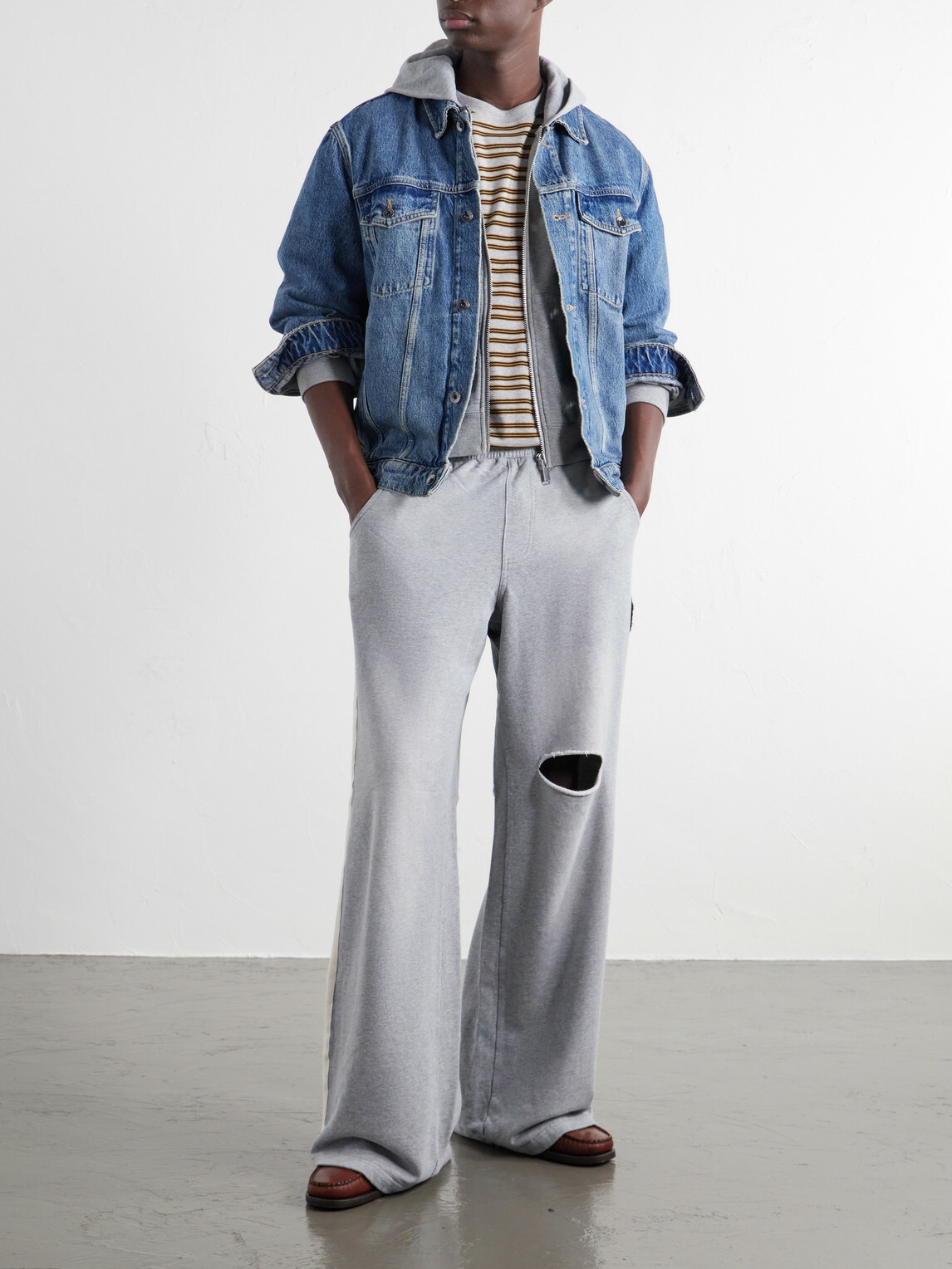 424 - Wide-Leg Distressed Cotton-Jersey Sweatpants - Gray