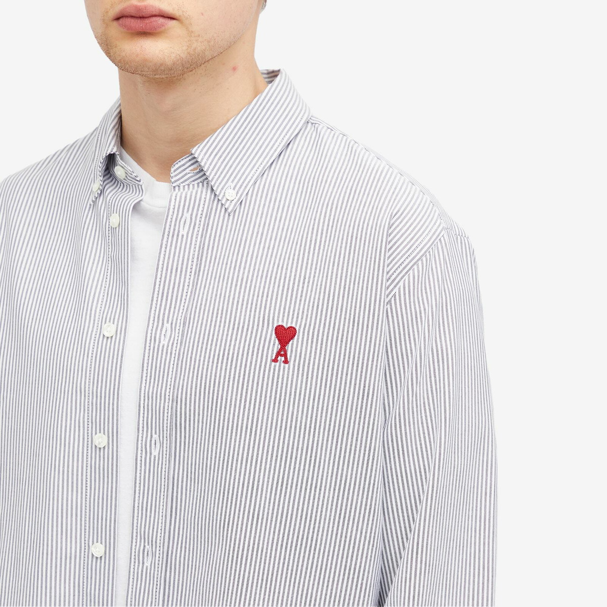 AMI Paris Men's Heart Striped Button Down Oxford Shirt in Black/Natural White