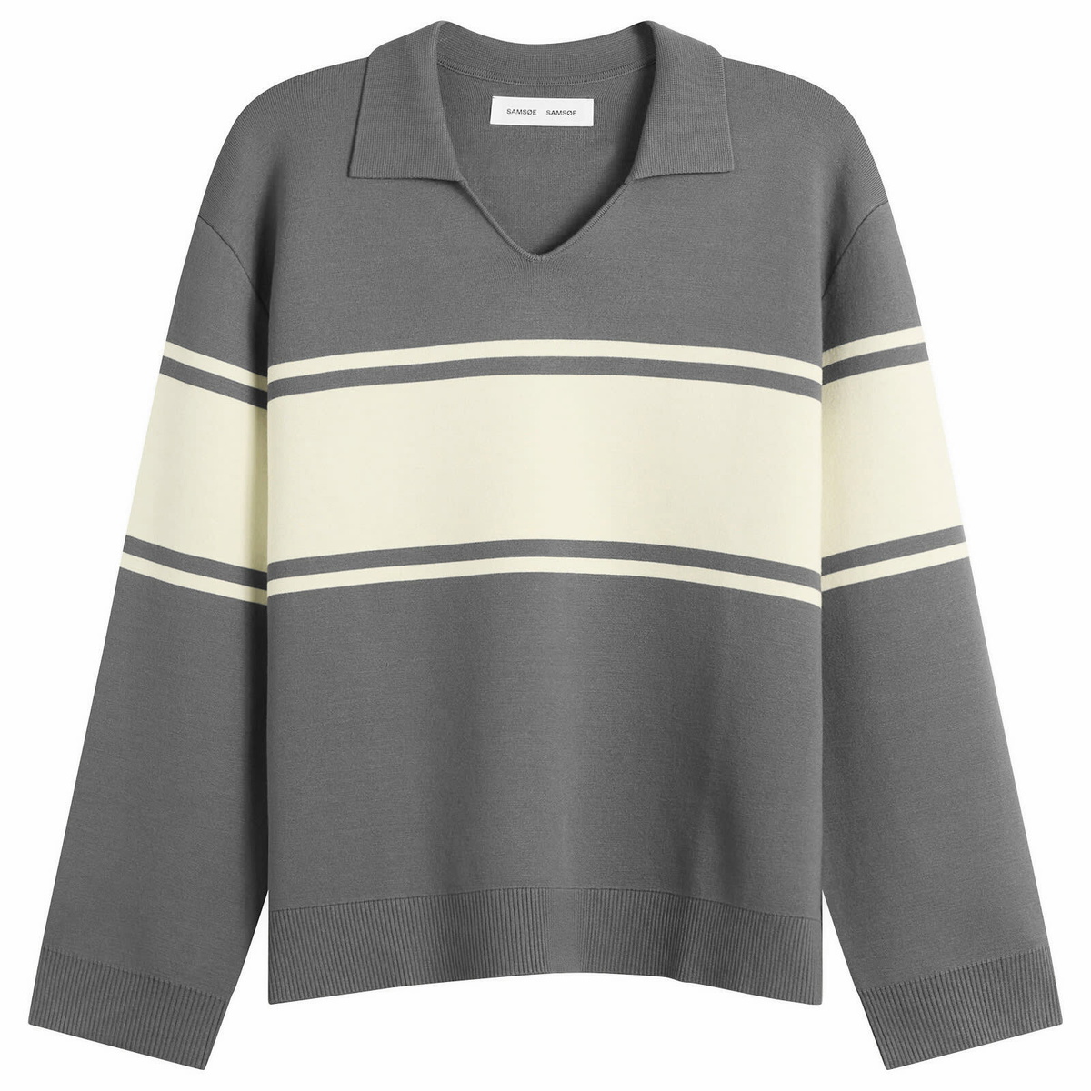 Samsøe Samsøe Women's Saanne Long Sleeve Polo Top in Gunmetal Wide Stripe