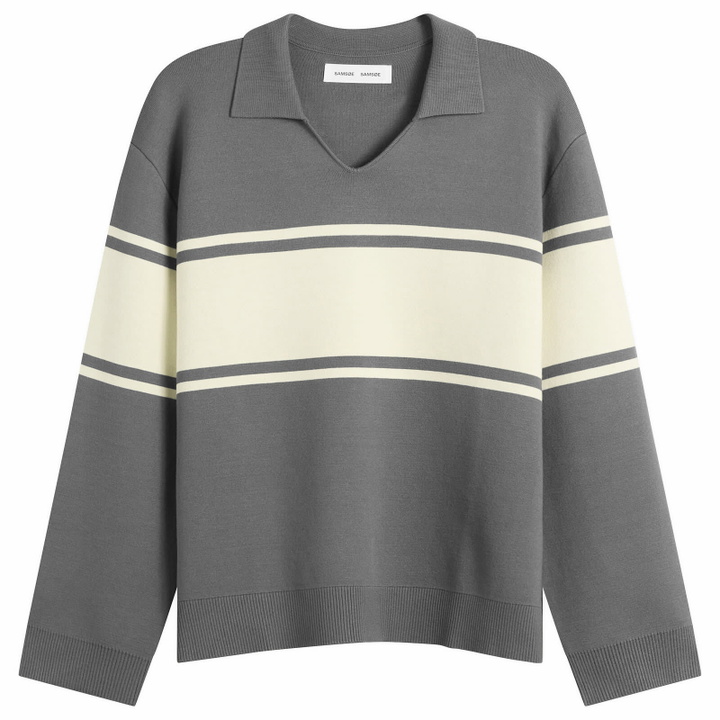 Photo: Samsøe Samsøe Women's Saanne Long Sleeve Polo Top in Gunmetal Wide Stripe
