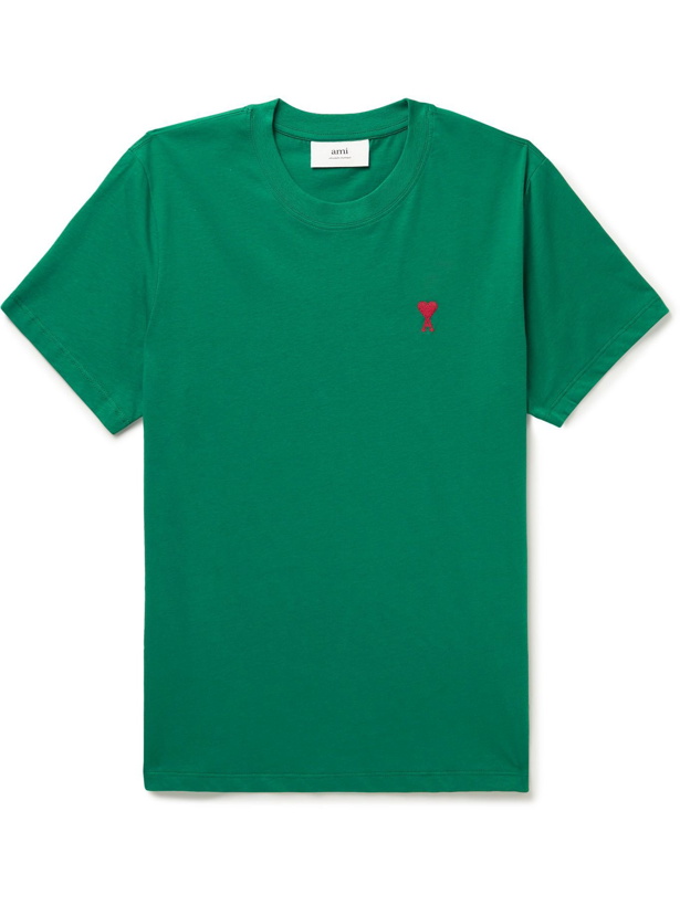Photo: AMI PARIS - Logo-Embroidered Mélange Cotton-Jersey T-Shirt - Green