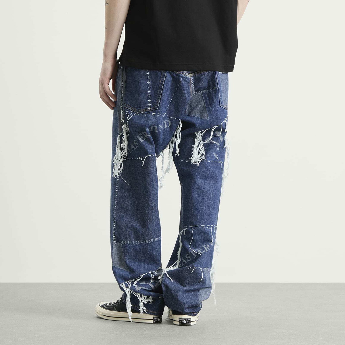 MASTERMIND WORLD Men's Patchwork Jacquard Straight Denim Pants in Indigo