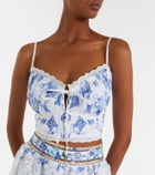 Camilla Printed lace-trimmed linen bra top
