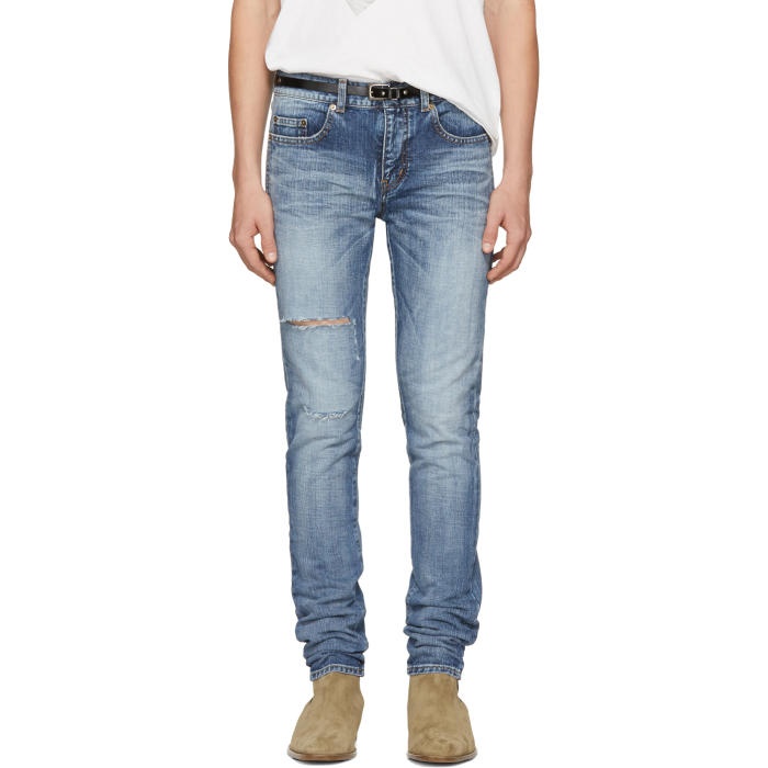 Photo: Saint Laurent Blue Ripped Low-Waisted Skinny Jeans 