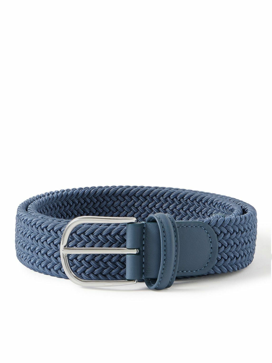 Anderson's - 3.5cm Leather-Trimmed Woven Elastic Belt - Blue Anderson's