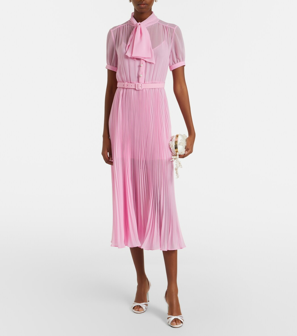 Self-Portrait Belted tie-neck georgette midi dress