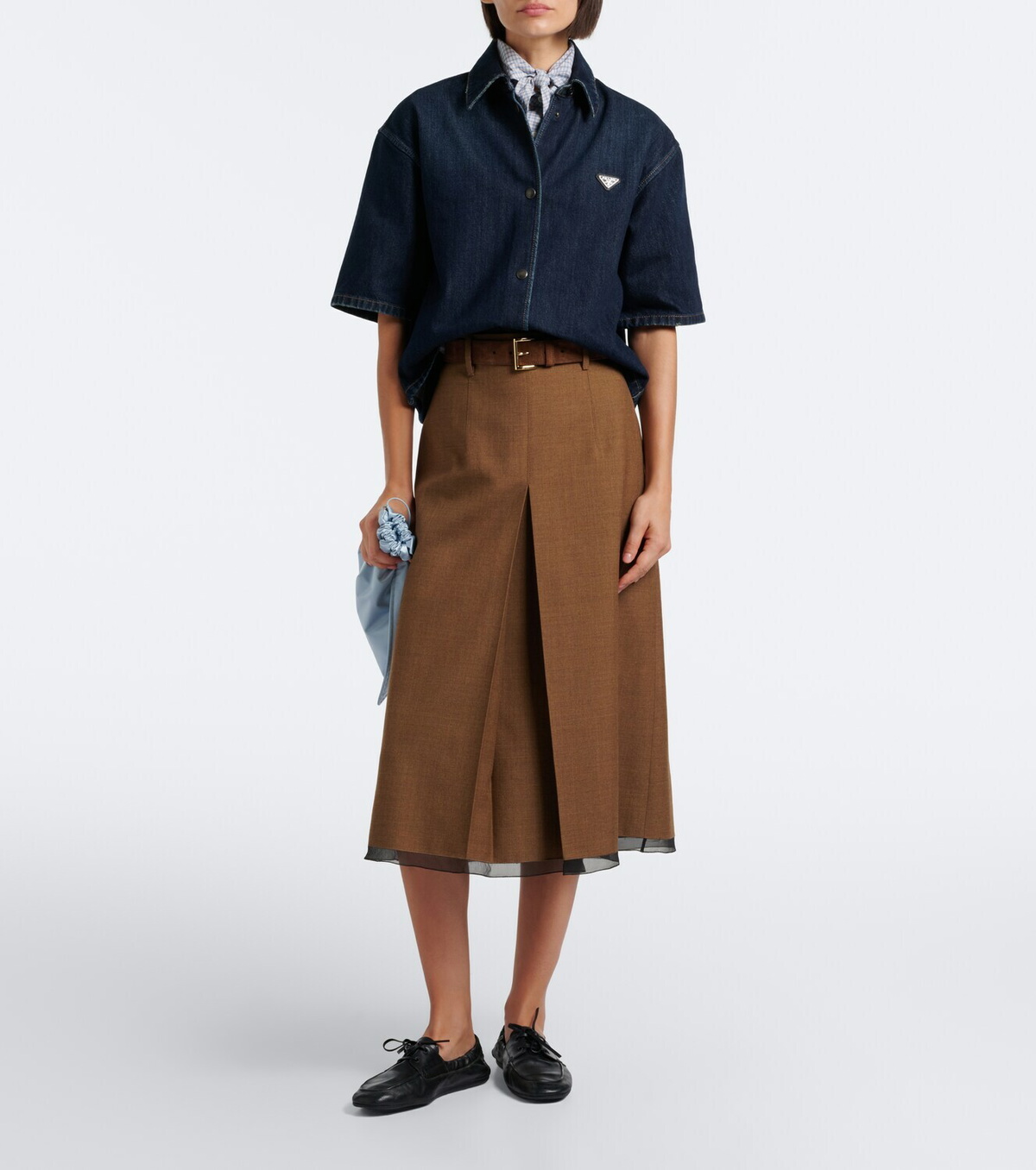 Prada Chiffon-trimmed virgin wool midi skirt