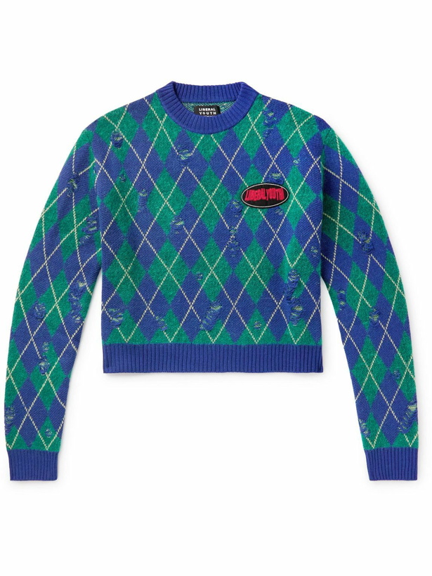 Photo: Liberal Youth Ministry - Logo-Appliquéd Checked Wool-Blend Sweater - Green