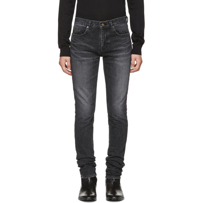 Photo: Saint Laurent Black Low-Waisted Skinny Embroidered Jeans