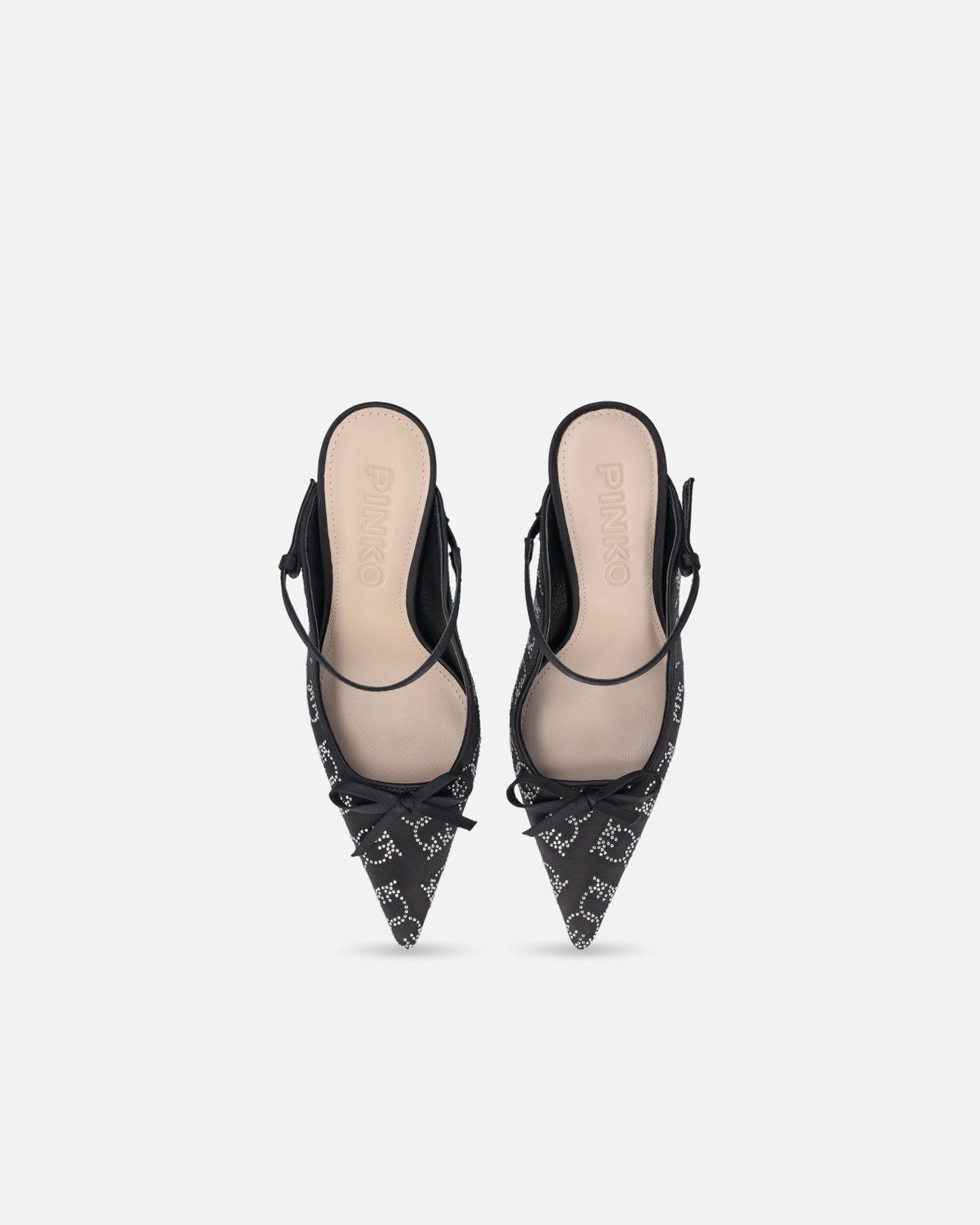 Pinko Rhinestoned Satin Slip Ons With Heel Limo Black