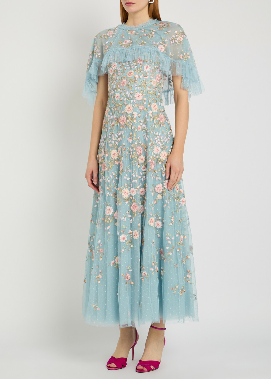 Needle & Thread Eden Rose Embroidered Cape-effect Tulle Gown Blue