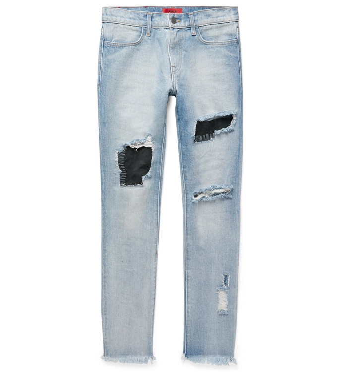 Photo: 424 - Skinny-Fit Embroidered Distressed Nubuck-Panelled Denim Jeans - Blue