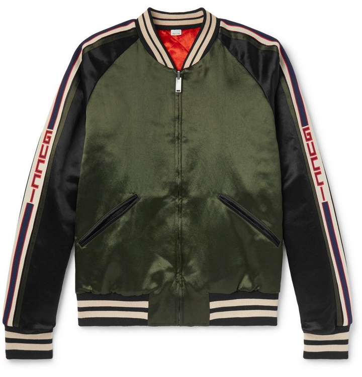 Photo: Gucci - Reversible Webbing-Trimmed Satin-Twill Bomber Jacket - Men - Dark green