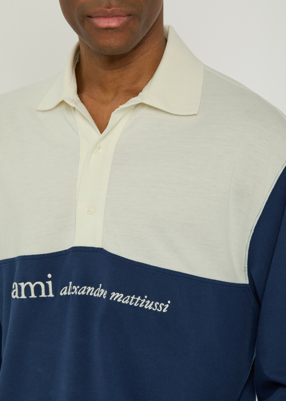 Ami Paris Logo-embroidered Panelled Piqué Cotton Polo Shirt Cream