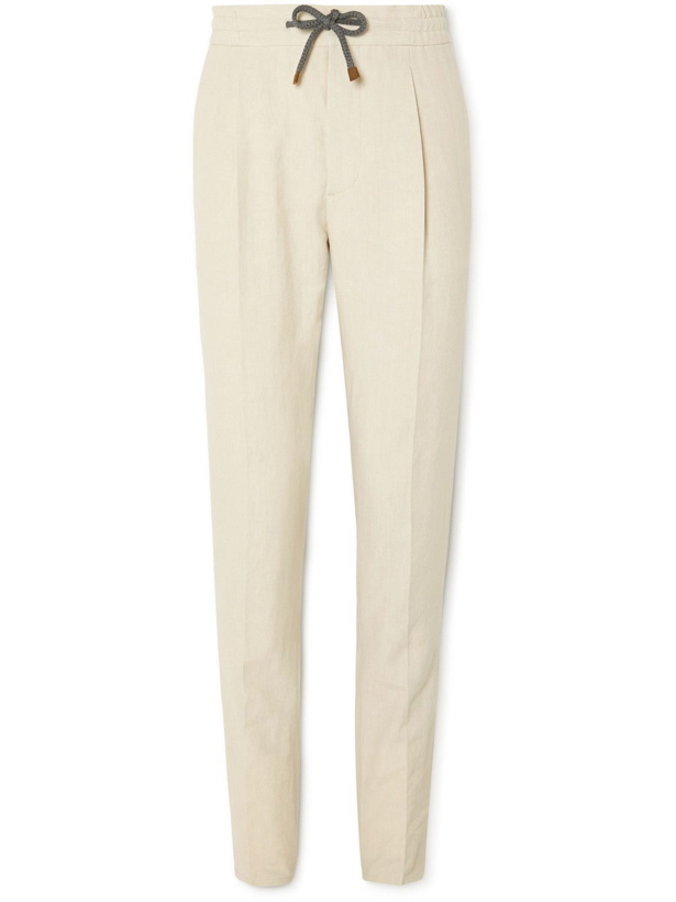 Photo: Brunello Cucinelli - Straight-Leg Pleated Linen Drawstring Suit Trousers - Neutrals
