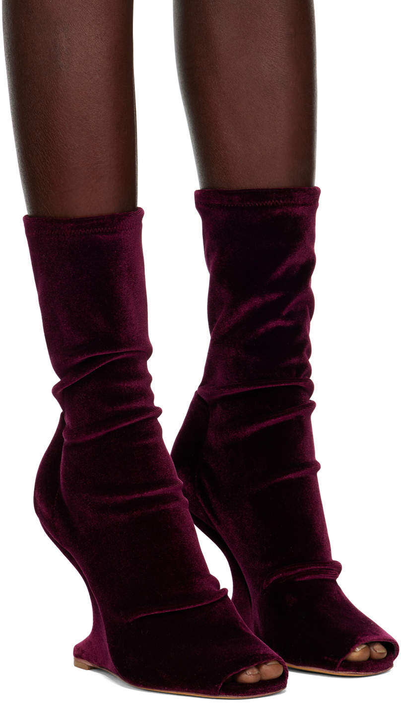 Rick Owens Lilies Burgundy Velvet Ankle Boots