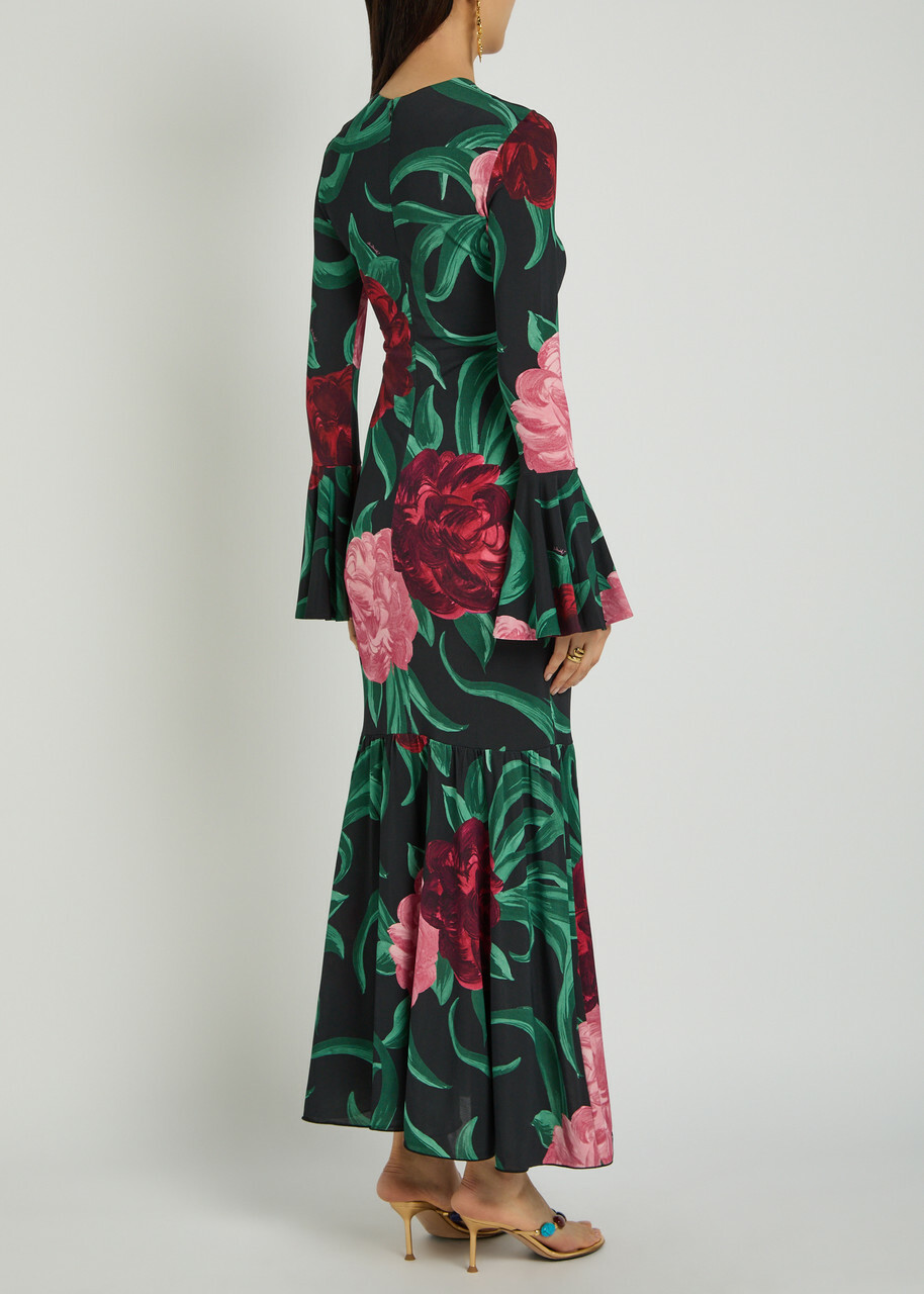 LA Double J Alba Floral-print Stretch-jersey Maxi Dress Black