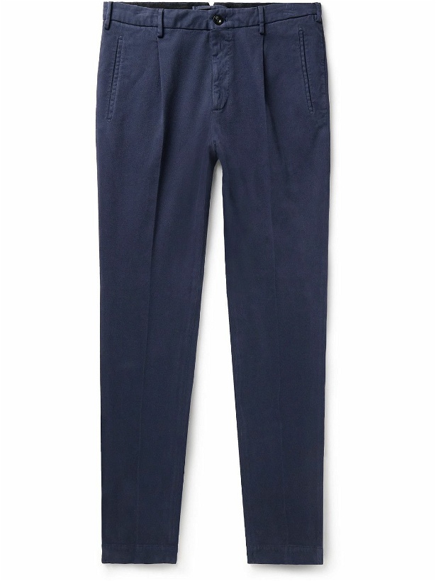 Photo: Incotex - Tapered Pleated Cotton-Blend Twill Trousers - Blue