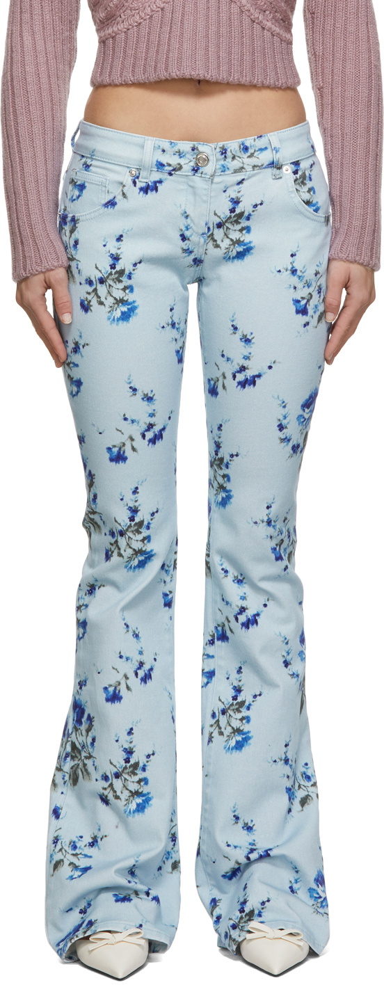 Floral Embellished Wide Leg Jeans in Blue - Blumarine