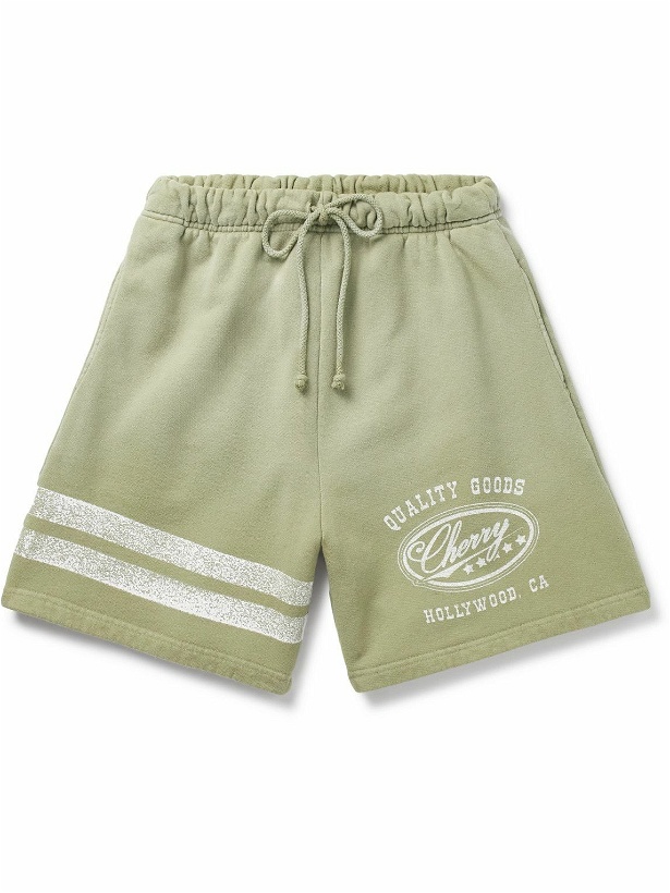 Photo: CHERRY LA - Straight-Leg Logo-Print Cotton-Jersey Drawstring Shorts - Green