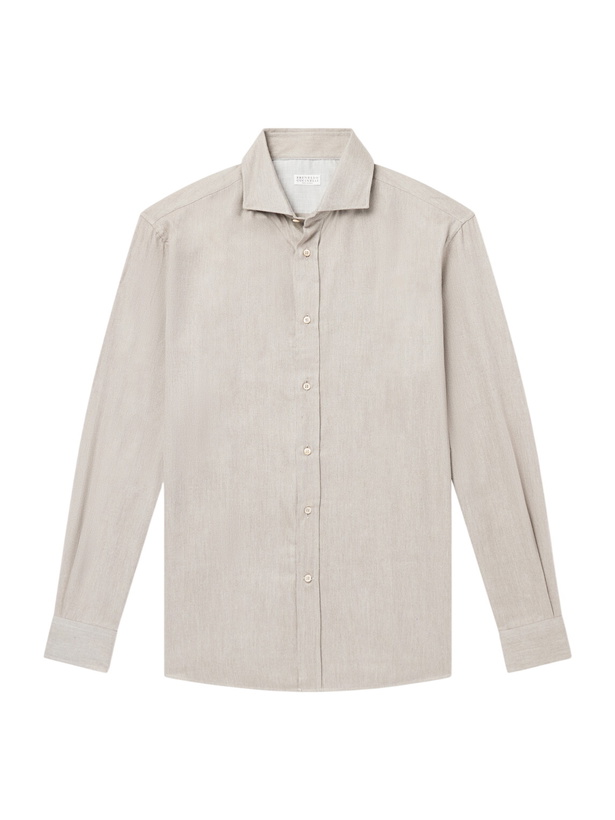 Photo: Brunello Cucinelli - Herringbone Cotton and Lyocell-Blend Shirt - Neutrals