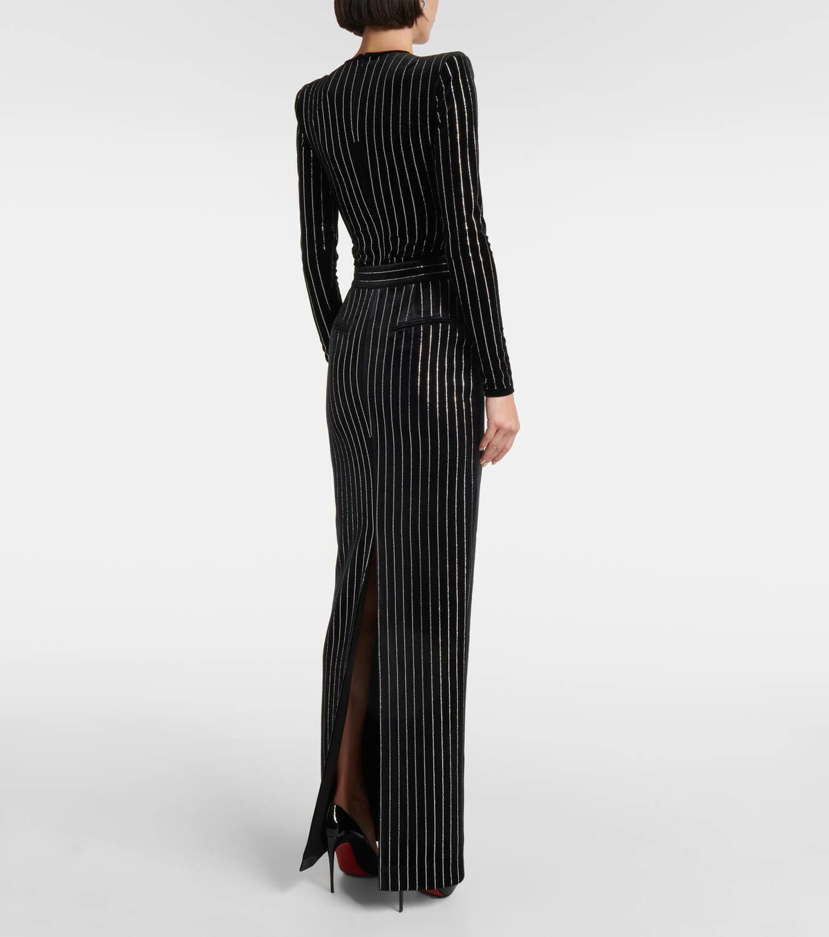 Alex Perry Column embellished pinstripe velvet maxi skirt