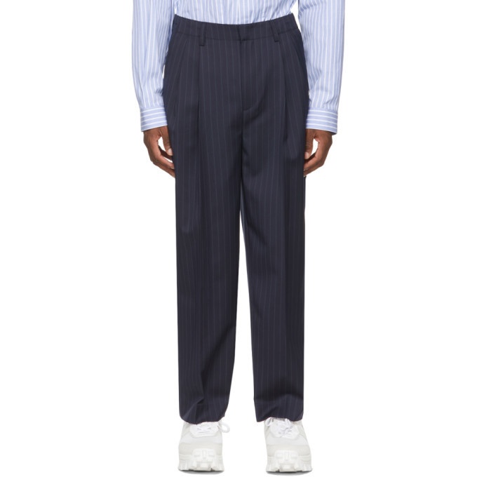 Photo: Juun.J Navy and White Wool Stripe Wide-Fit Trousers