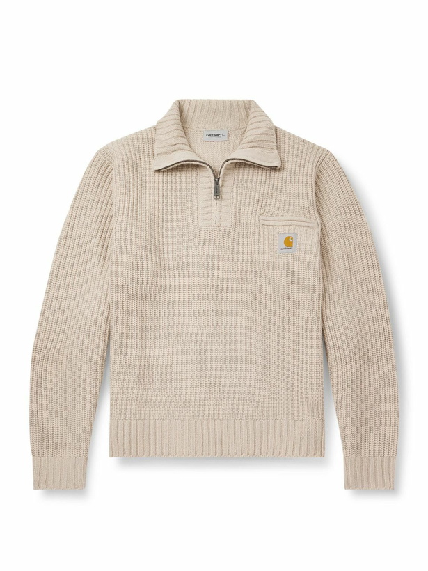 Photo: Carhartt WIP - Detroit Logo-Appliquéd Ribbed-Knit Half-Zip Sweater - Neutrals