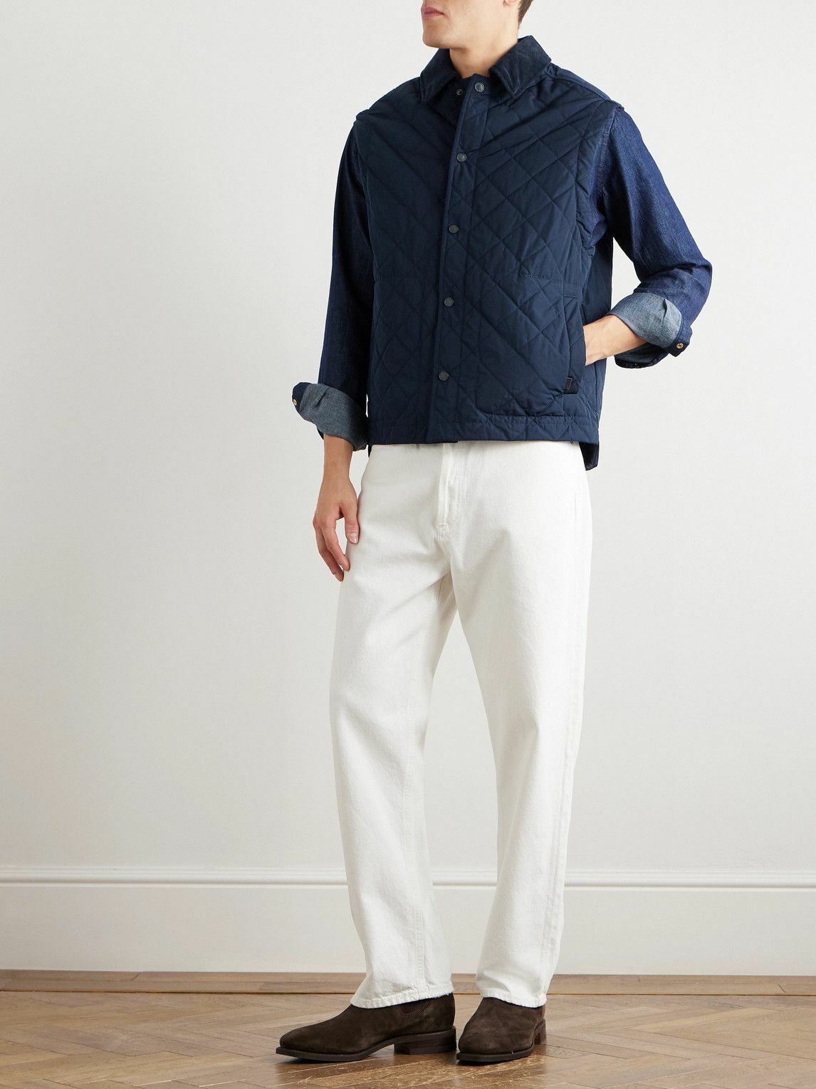 Purdey - Corduroy-Trimmed Quilted Shell Down Gilet - Blue