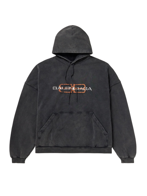 Photo: Balenciaga - Logo-Print Washed Cotton-Jersey Hoodie - Gray