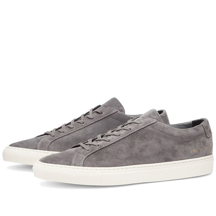 Photo: Common Projects Men's Achilles Low Suede Sneakers in Charcoal