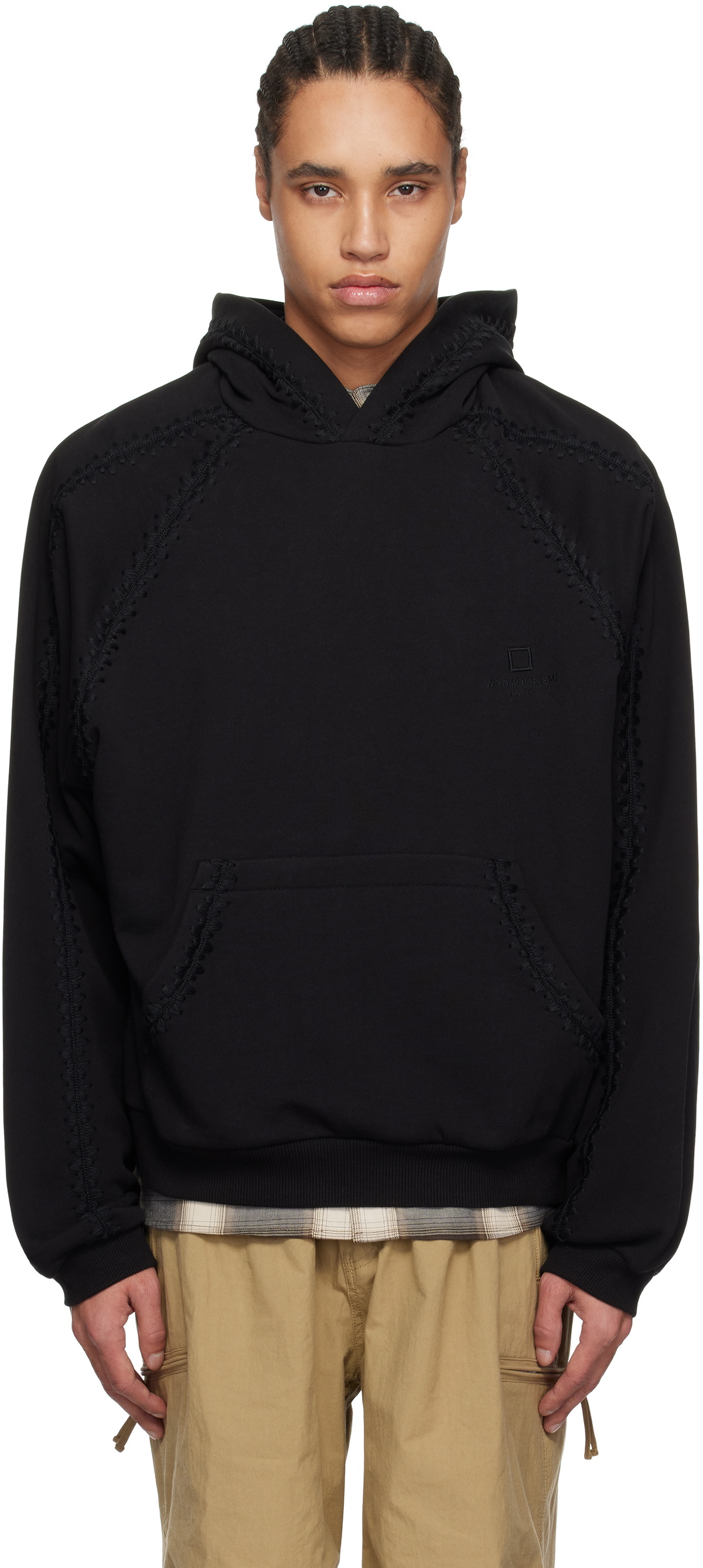 【関税込み】WOOYOUNGMI ブラック Line Embroidered フーディ Wooyoungmi Men's Back Logo Zip Hoodie in Black Wooyoungmi