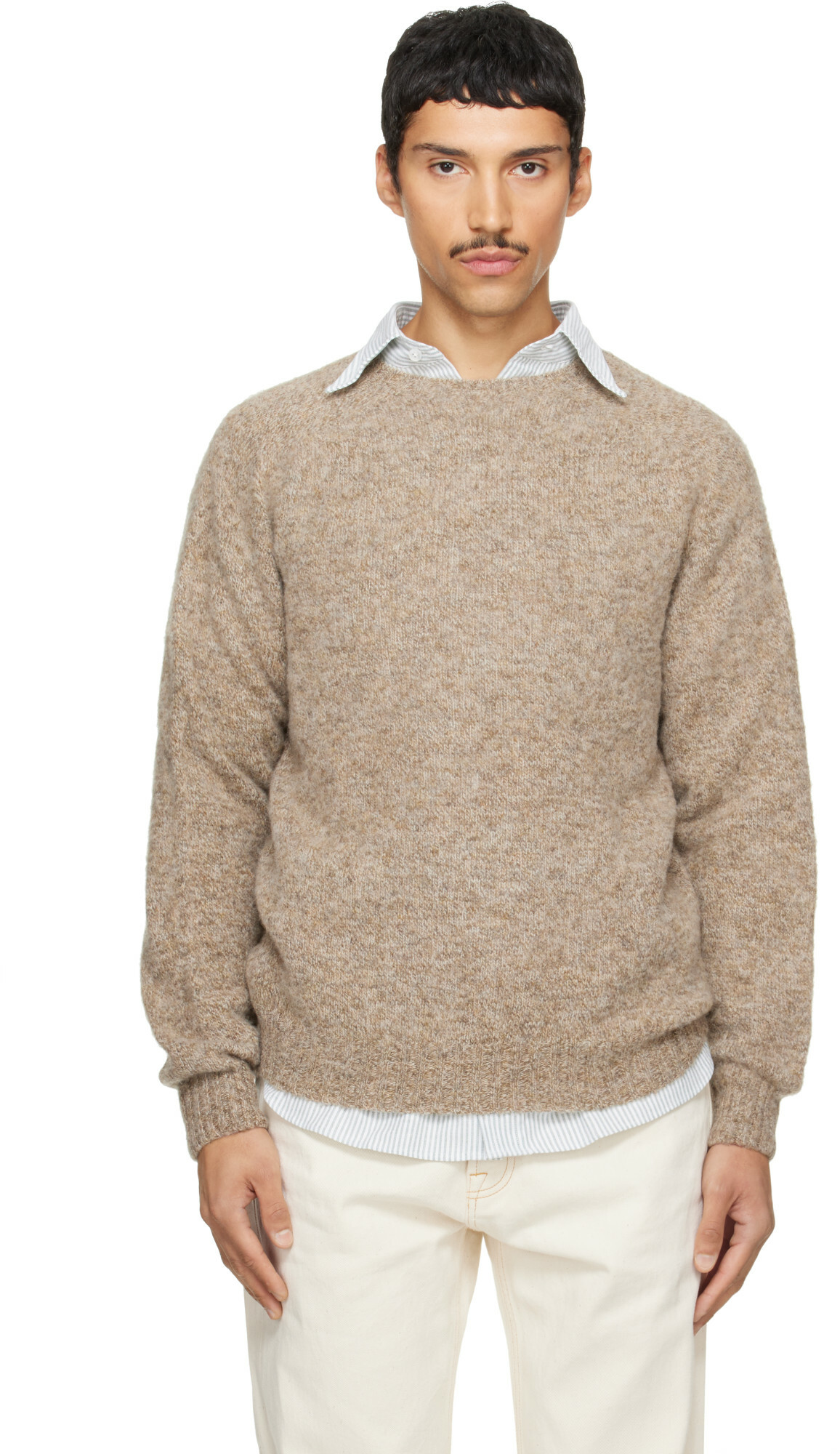 Drake's Beige Brushed Shetland Crew Neck Sweater