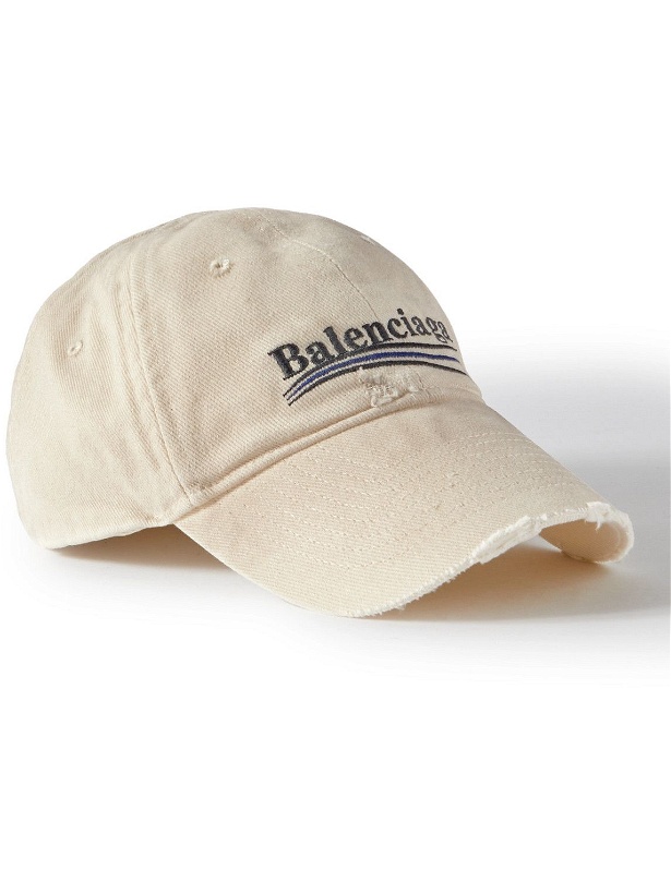 Photo: Balenciaga - Logo-Embroidered Distressed Cotton-Twill Baseball Cap - Neutrals