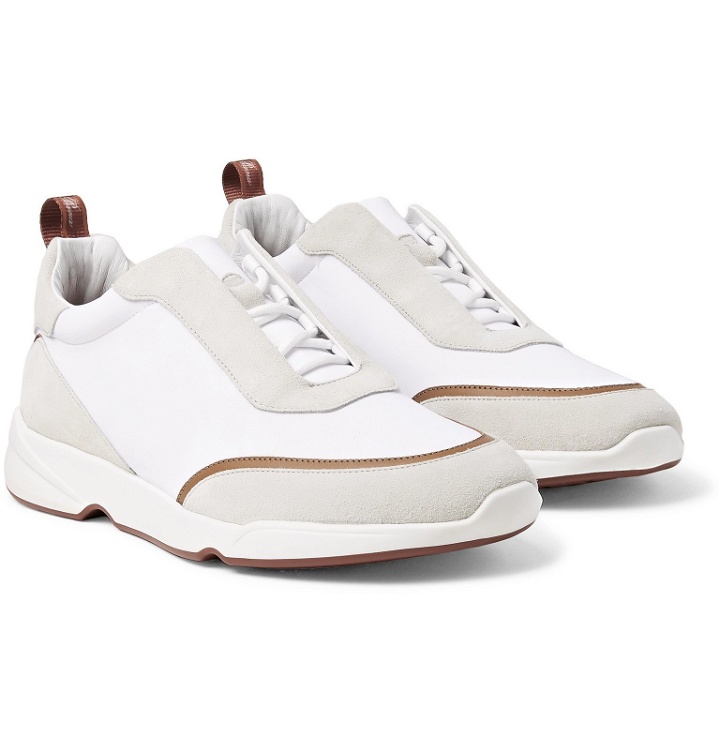 Photo: Loro Piana - Modular Walk Aqua Light Leather-Trimmed Shell and Suede Sneakers - White