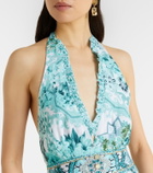 Camilla Embellished ruffled halterneck linen midi dress