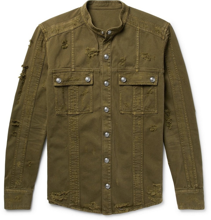 Photo: Balmain - Slim-Fit Grandad-Collar Distressed Denim Shirt Jacket - Men - Army green