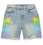 AMIRI - Crochet-Panelled Distressed Printed Denim Shorts - Blue