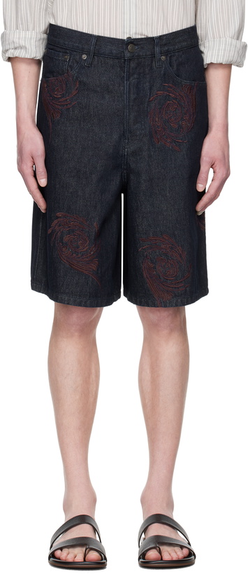 Photo: Dries Van Noten Navy Embroidered Pattern Denim Shorts