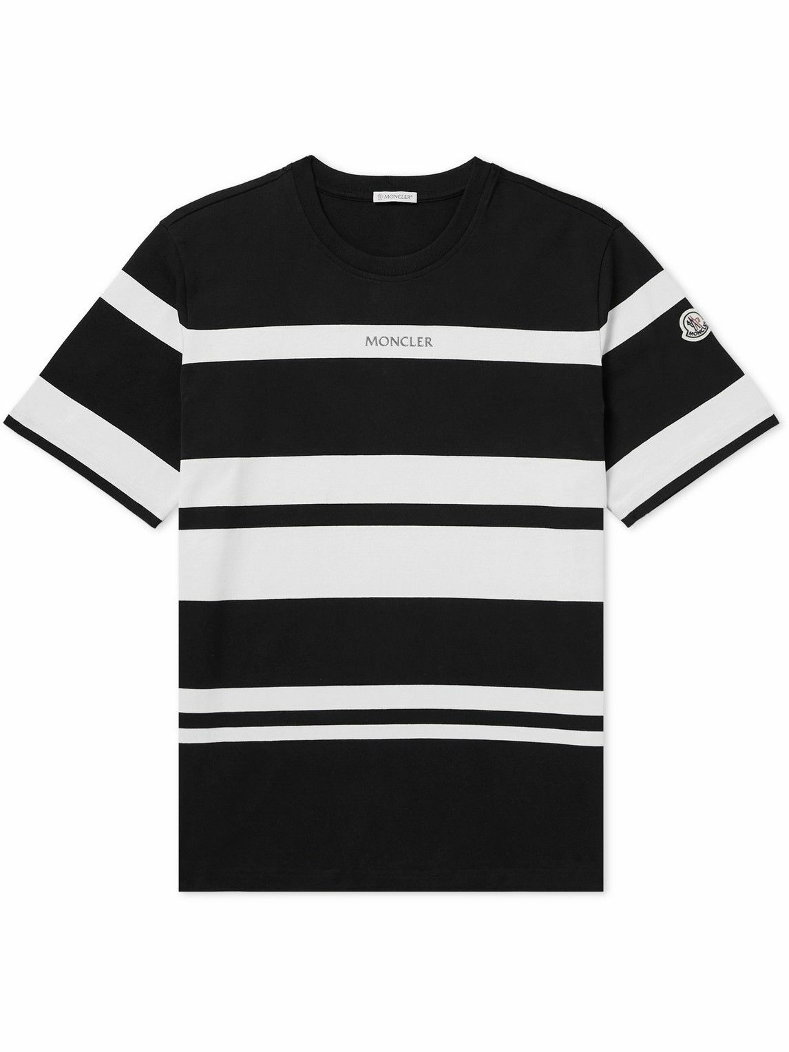 Photo: Moncler - Logo-Appliquéd Metallic Striped Cotton-Jersey T-Shirt - Black