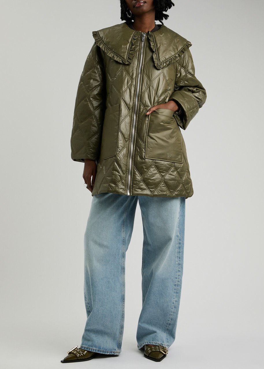 Ganni Quilted Glossed Nylon Jacket Olive GANNI