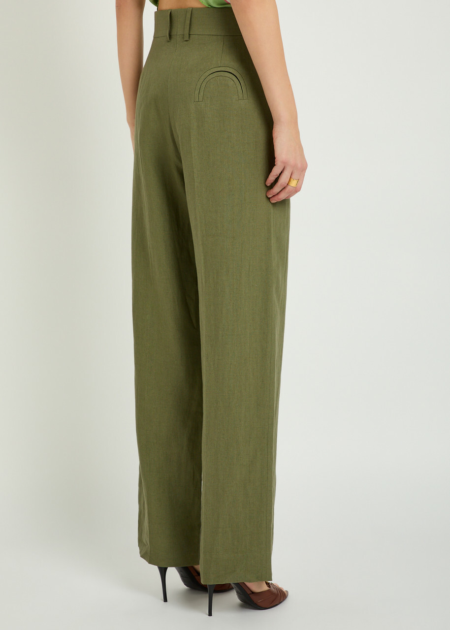 Blaze Milano Fox Pleated Straight-leg Linen Trousers Dark Green