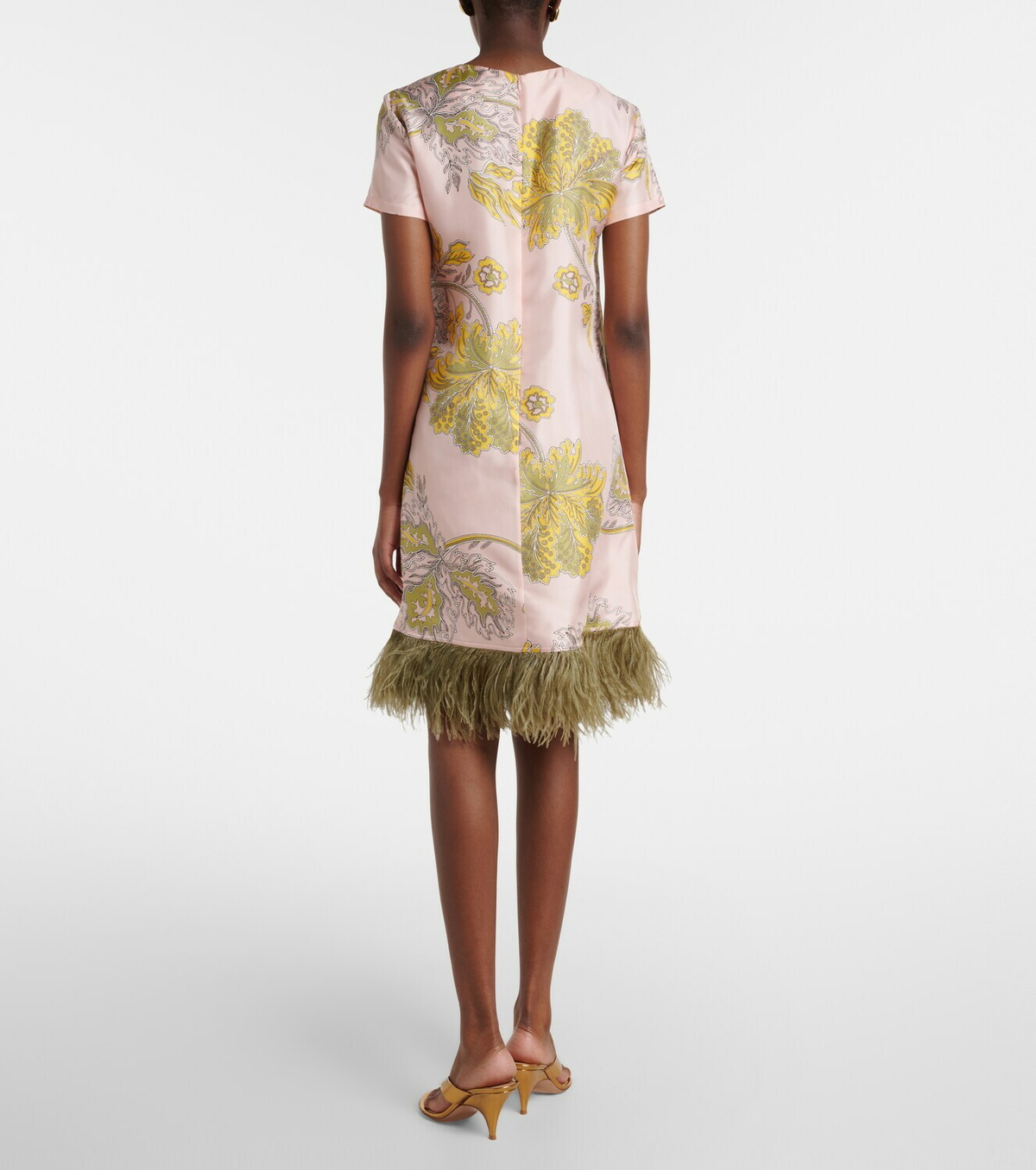 La DoubleJ Swing feather-trimmed floral silk twill minidress