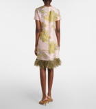 La DoubleJ Swing feather-trimmed floral silk twill minidress