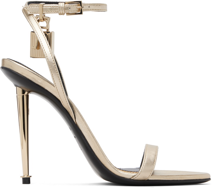 Photo: TOM FORD Gold Laminated Padlock Pointy Naked Heeled Sandals