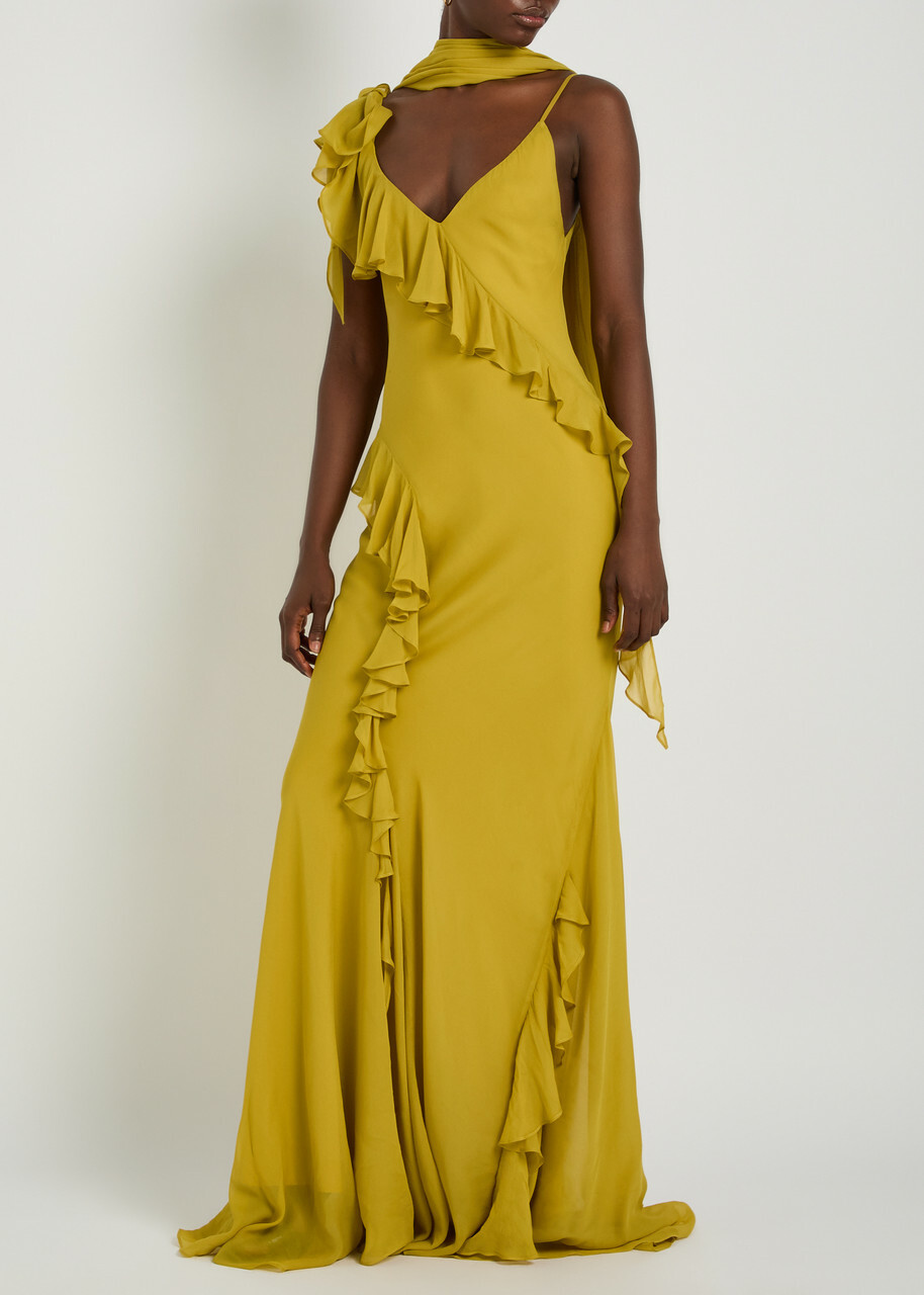 DE LA Vali Mayara Scar-effect Ruffled Chiffon Gown Yellow