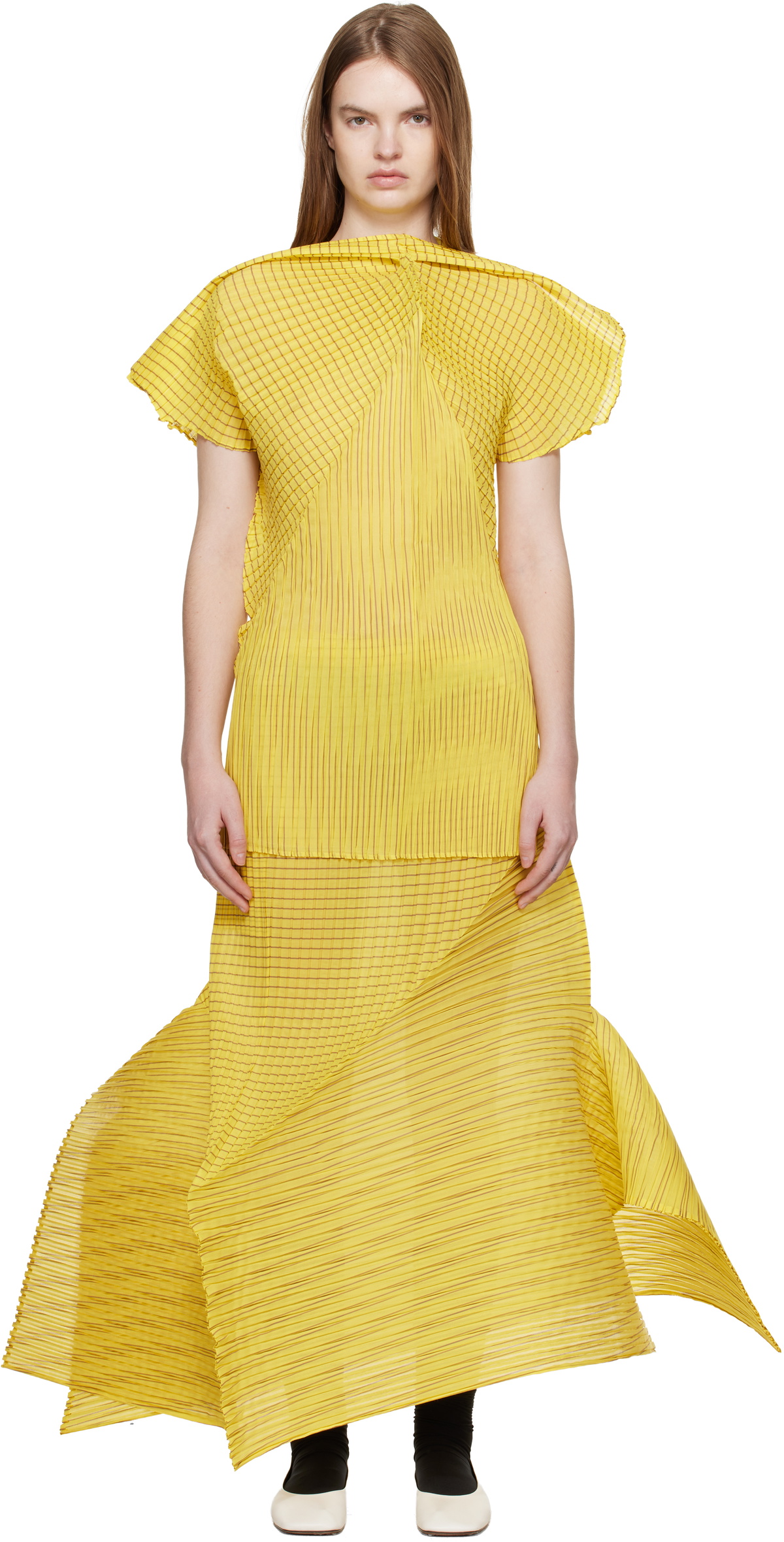 ISSEY MIYAKE Yellow Generic Stripes Machine Pleats Midi Skirt