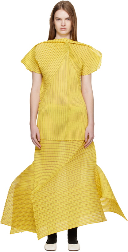 Photo: ISSEY MIYAKE Yellow Generic Stripes Machine Pleats Midi Skirt
